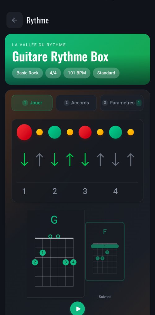 Écran Rythme : pattern de jeu animé et grille d'accords