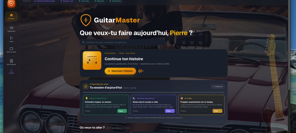 L'application web Guitar-Master : écran d'accueil personnalisé