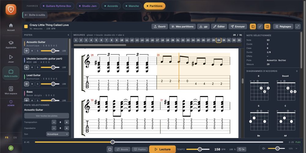 Le lecteur de partitions et tablatures, compatible Guitar Pro