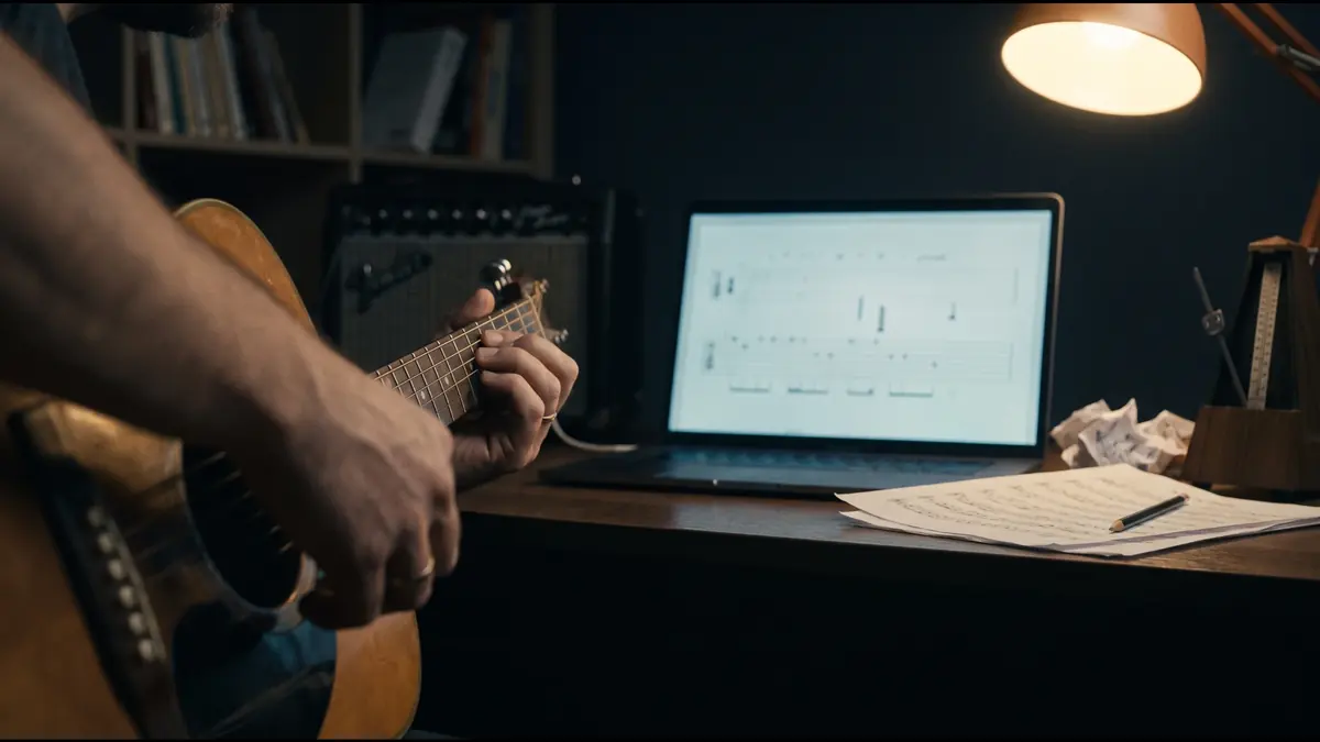 Guitare acoustique jouée devant un ordinateur qui affiche une partition