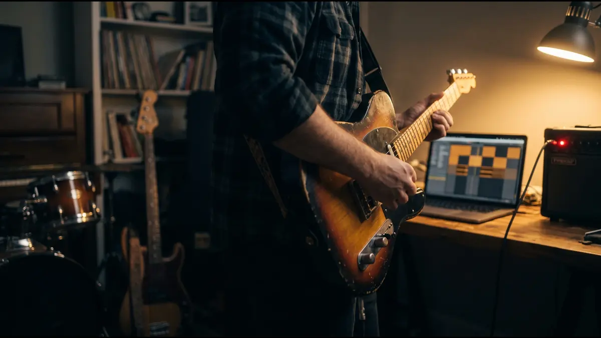 Guitare électrique jouée dans un petit studio, devant un ordinateur