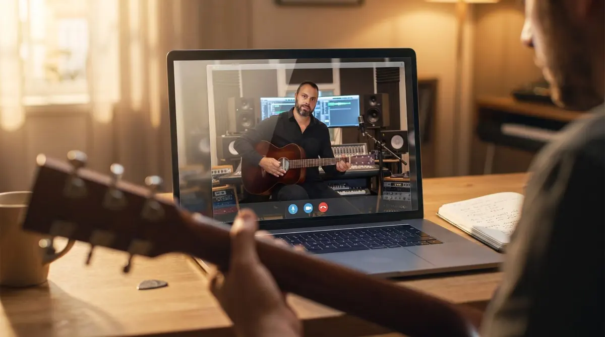 Un élève suit chez lui un cours de guitare en visio avec Jean-Christophe Vignon, affiché sur son ordinateur