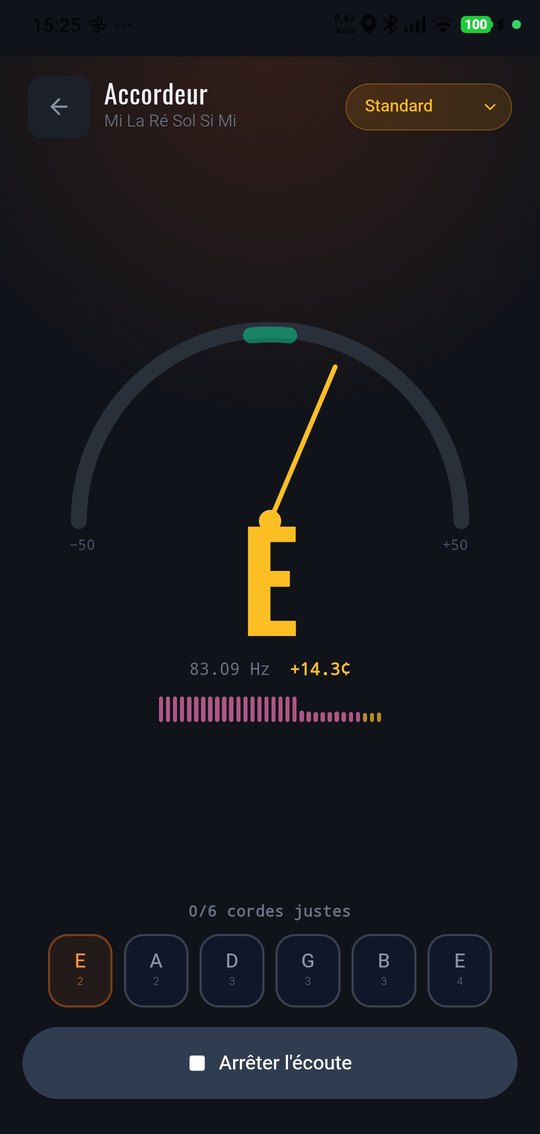 L'accordeur sur téléphone : l'aiguille, la fréquence en hertz et les six cordes à accorder